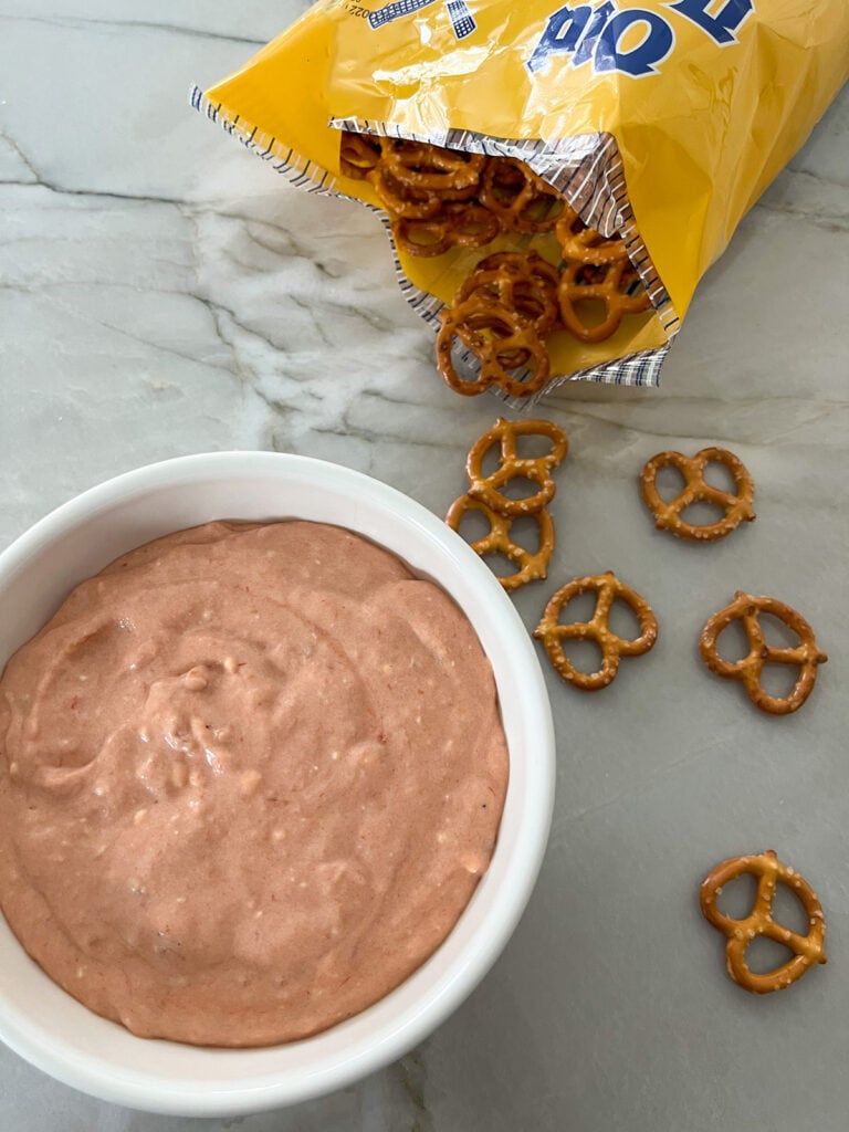 Pretzel Dip with pretzels spilling out