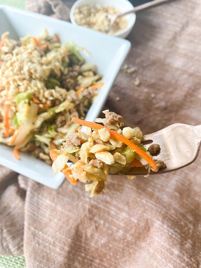 egg roll in a bowl on a fork