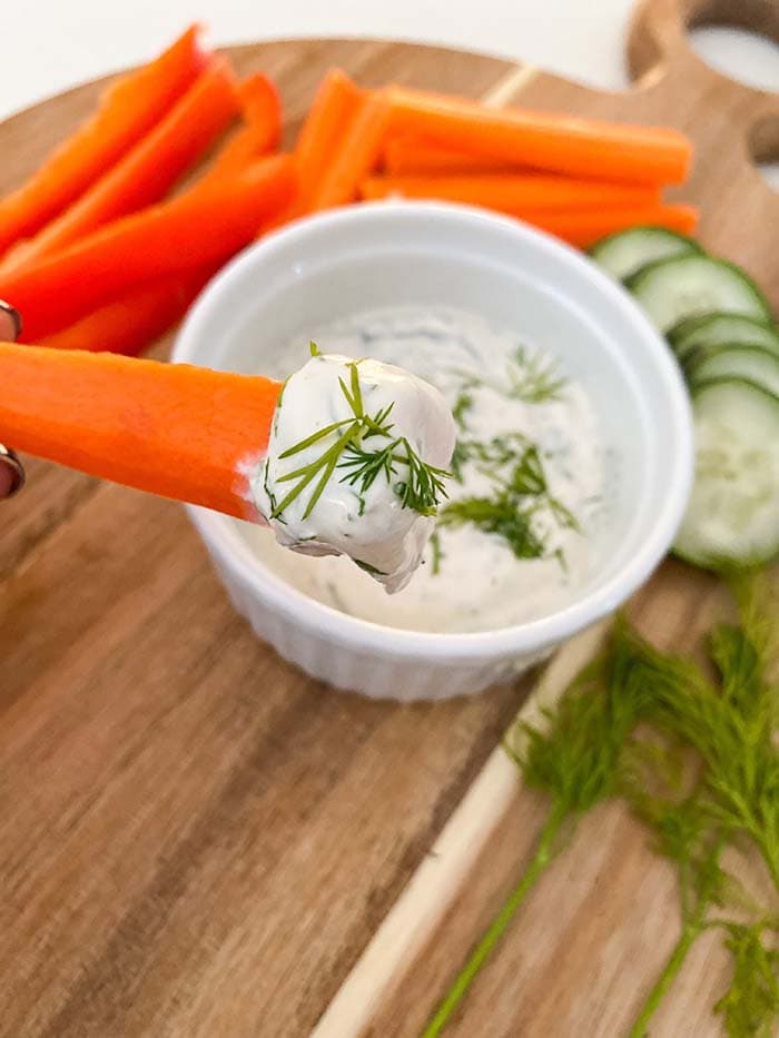 greek yogurt ranch dip on carrot