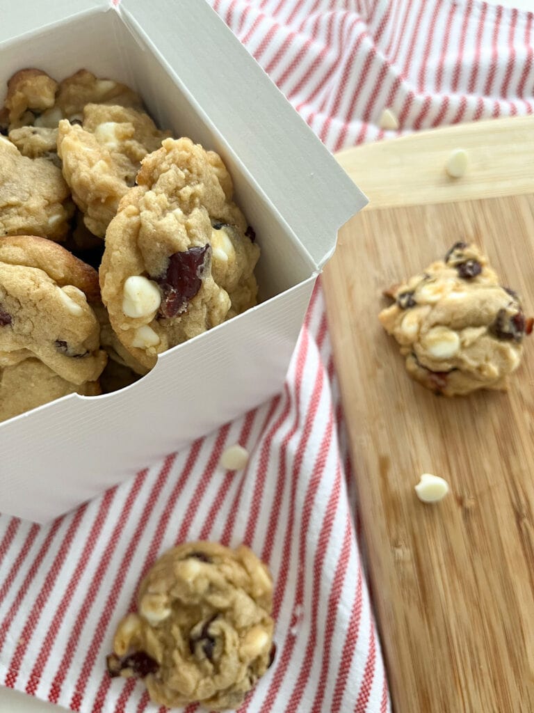 white chocolate cherry cookies in a gift box