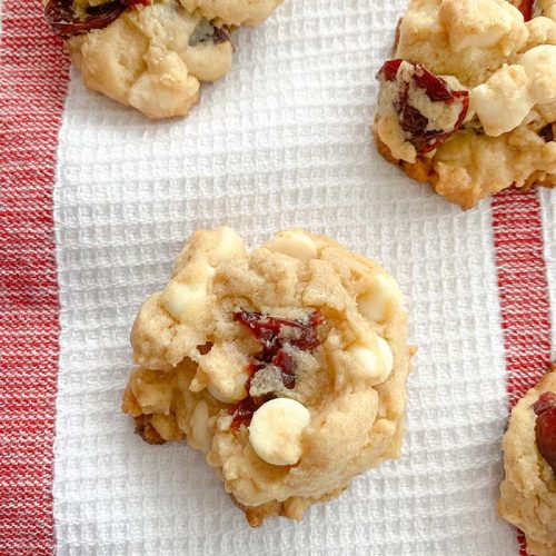 white chocolate cherry cookie on towel