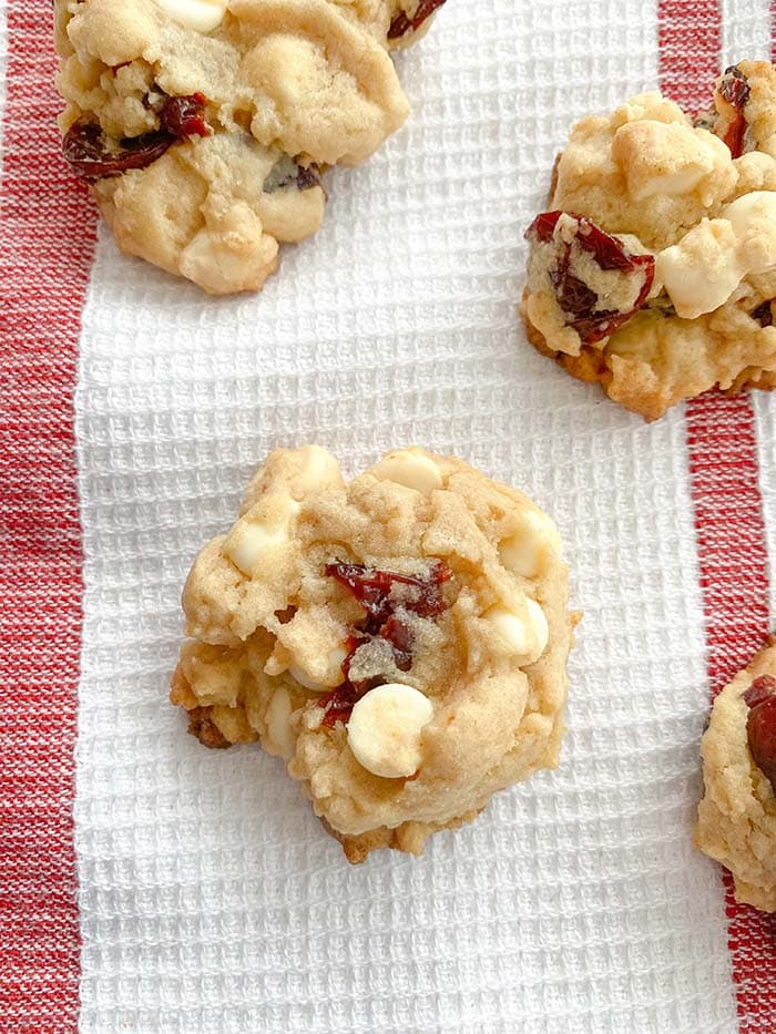 white chocolate cherry cookie on towel