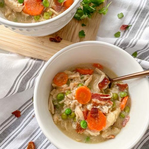 chicken and dumpling soup in bowls