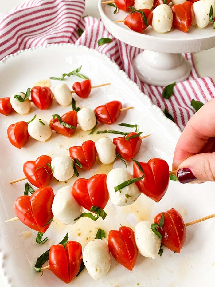 valentine caprese skewers on platter