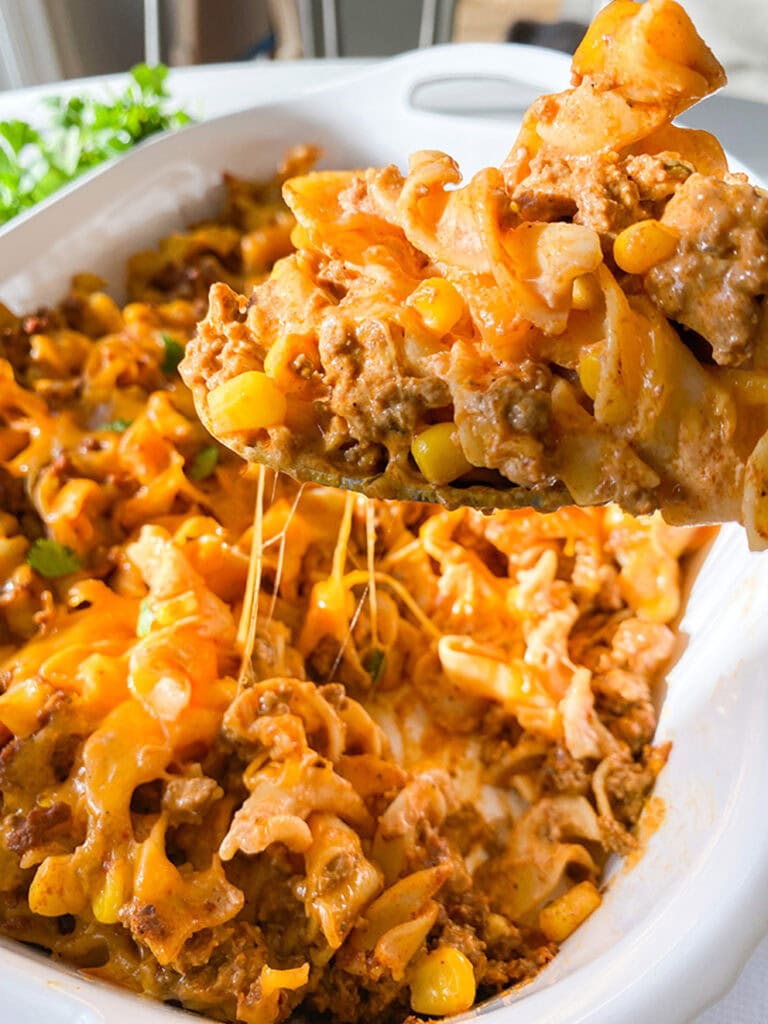 a spoonful of enchilada pasta bake
