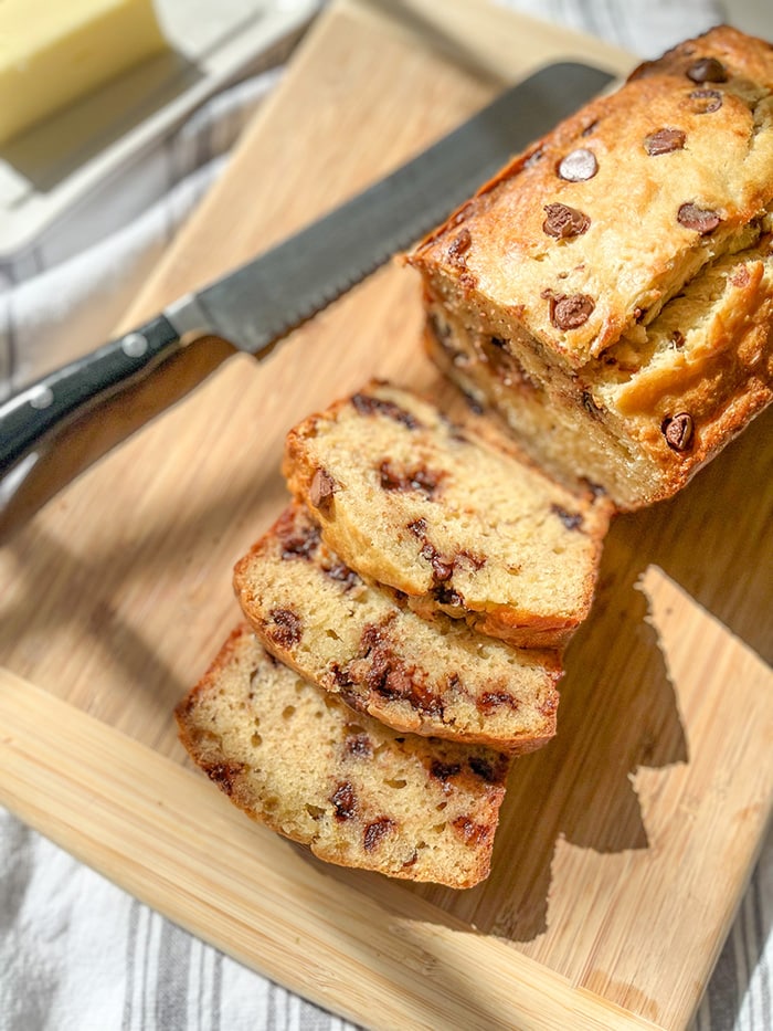 banana bread with chocolate chips sliced