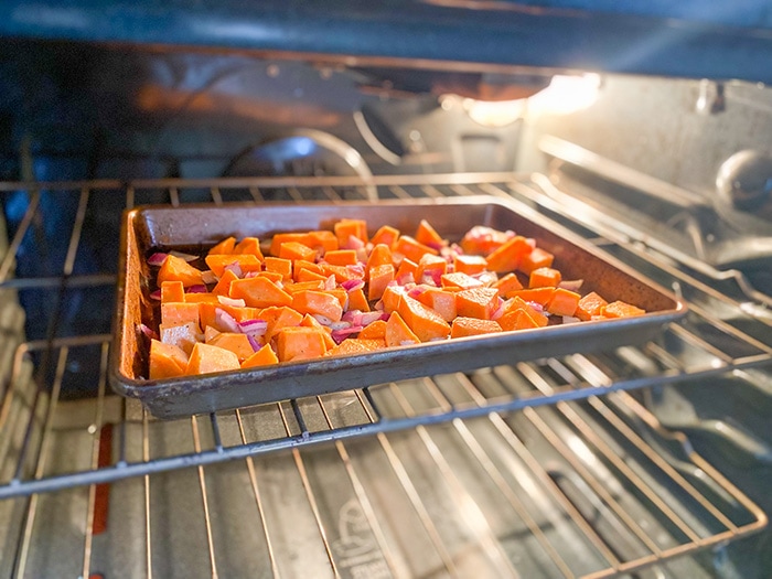 roeasting sweet potato in pan