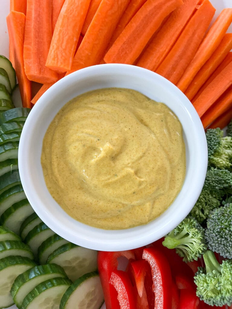 curry vegetable dip on veggie tray