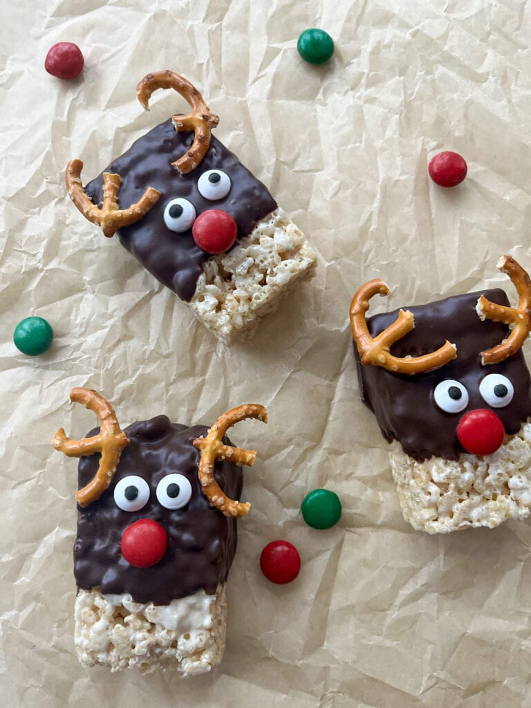 Reindeer Krispie Treats on brown paper
