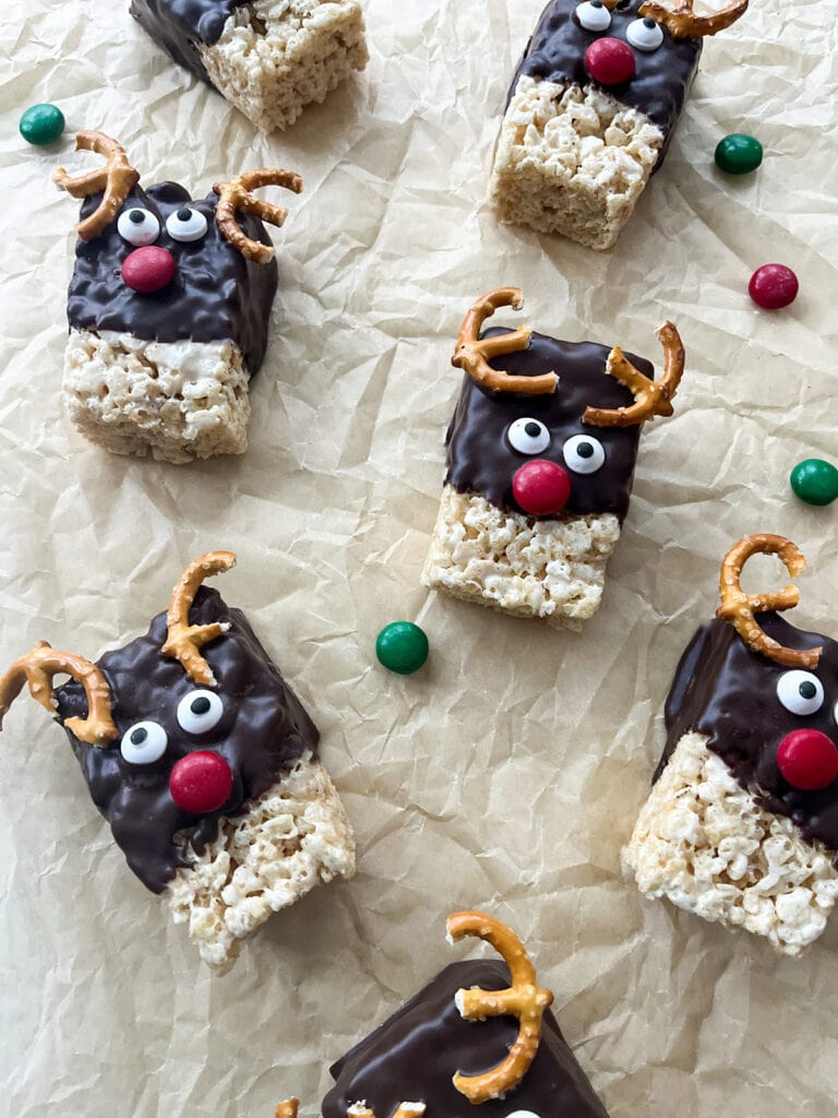 Reindeer Krispie Treats with m&ms sprinkled around
