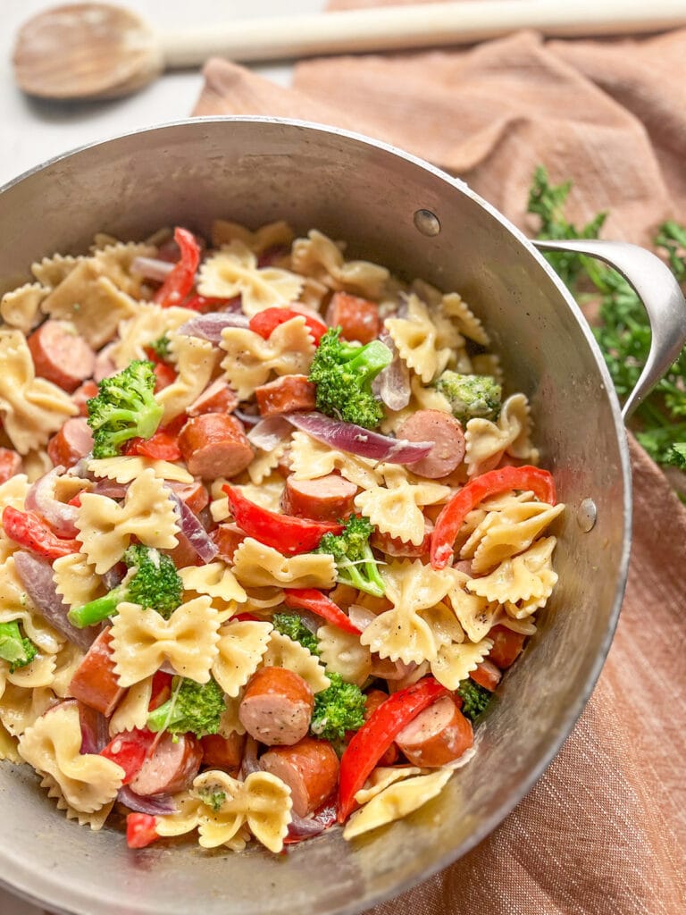 Polish Sausage Pasta in a pan ready to serve
