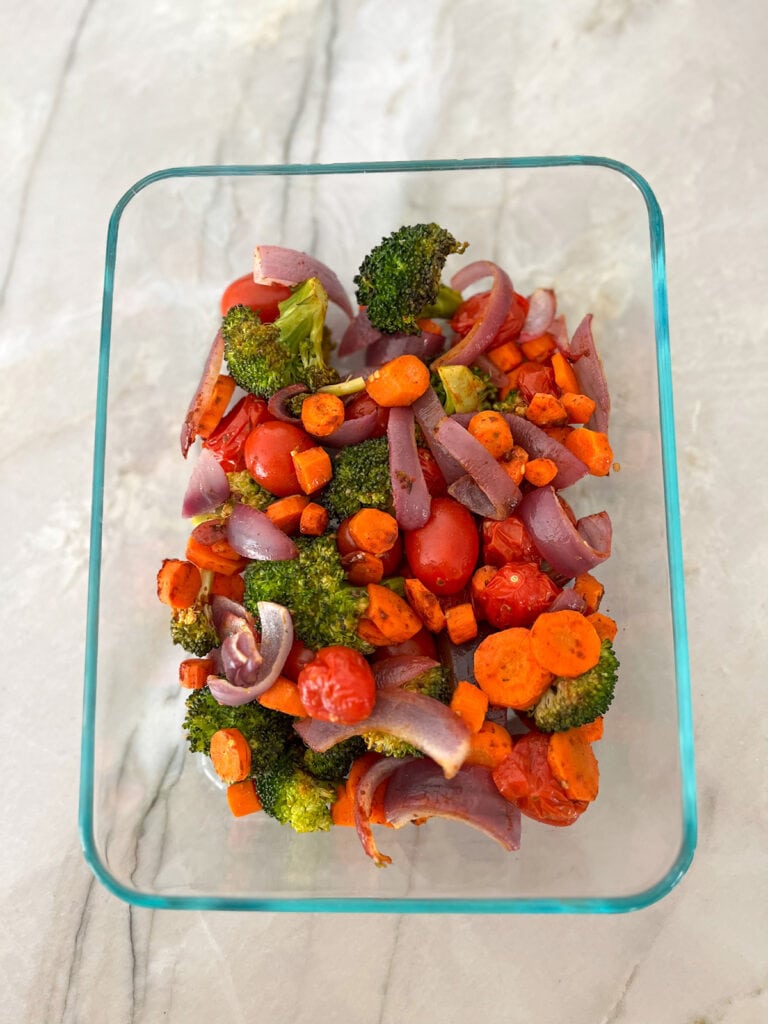 leftover roasted veggies stored in a glass container
