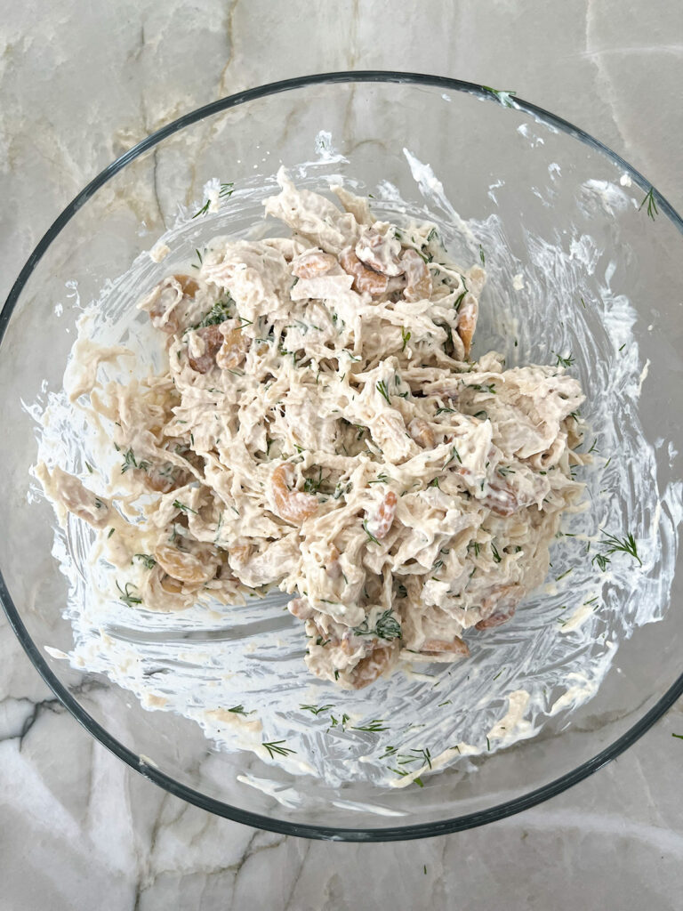 Dill Chicken Salad with Cashews in a glass bowl ready to serve