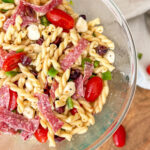 close up of Italian Pasta Salad in a glass bowl