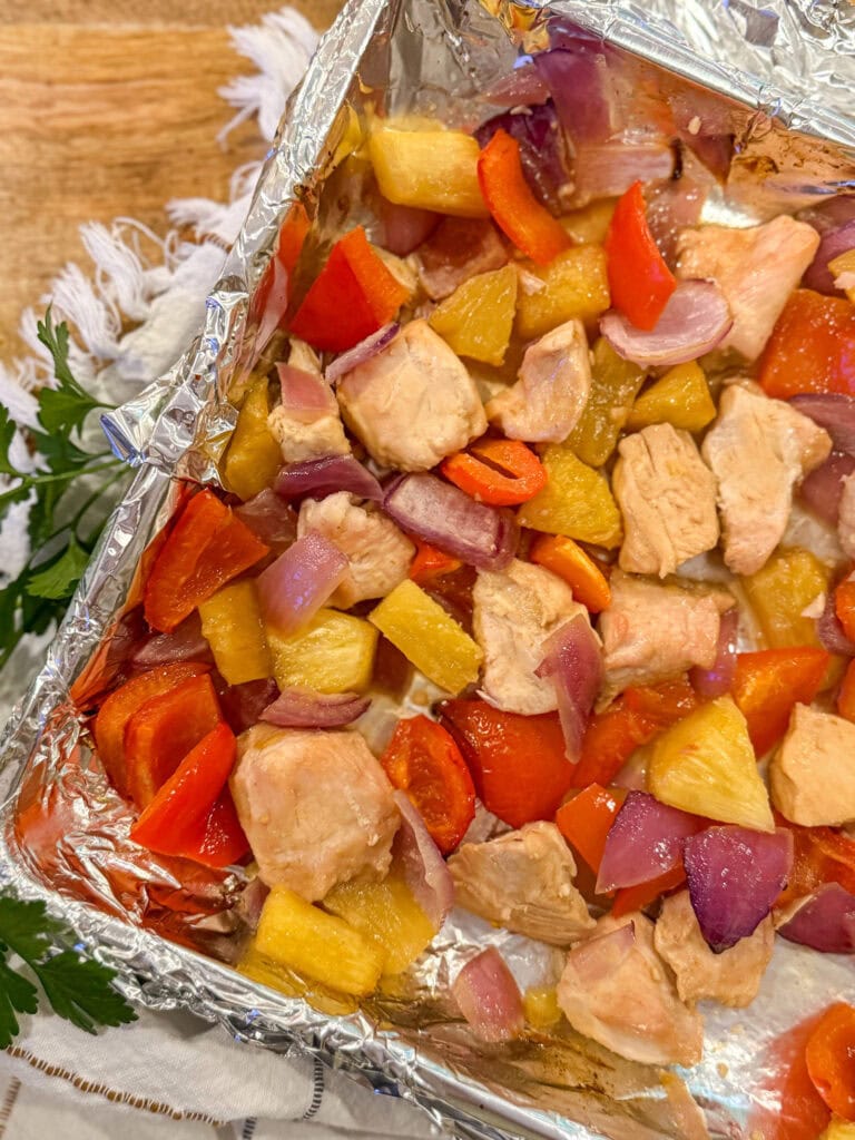 Sheet Pan Hawaiian Chicken on a sheet pan