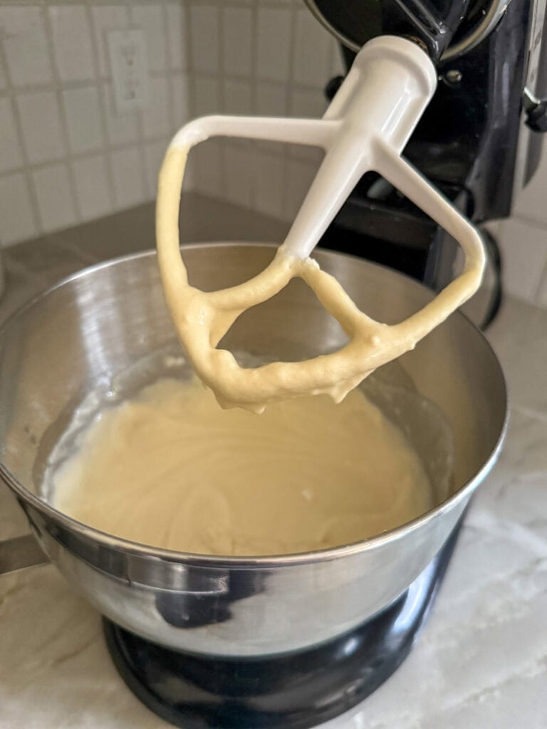 batter for mini pancake bites in a stand mixer