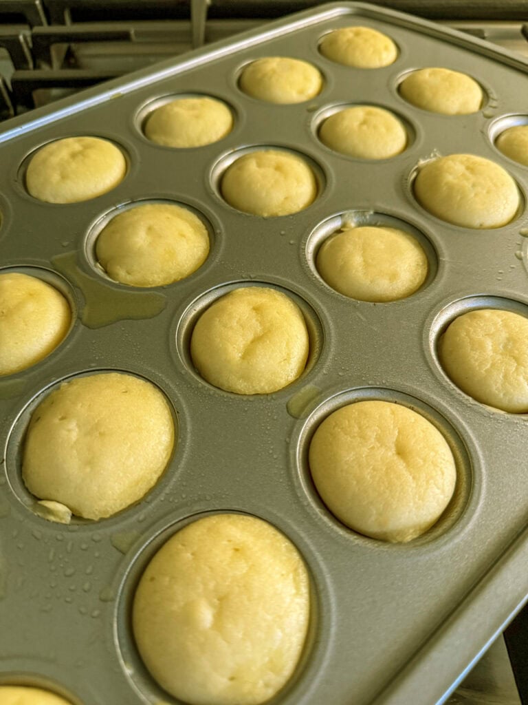 mini pancake bites fresh out of oven in mini muffin tin