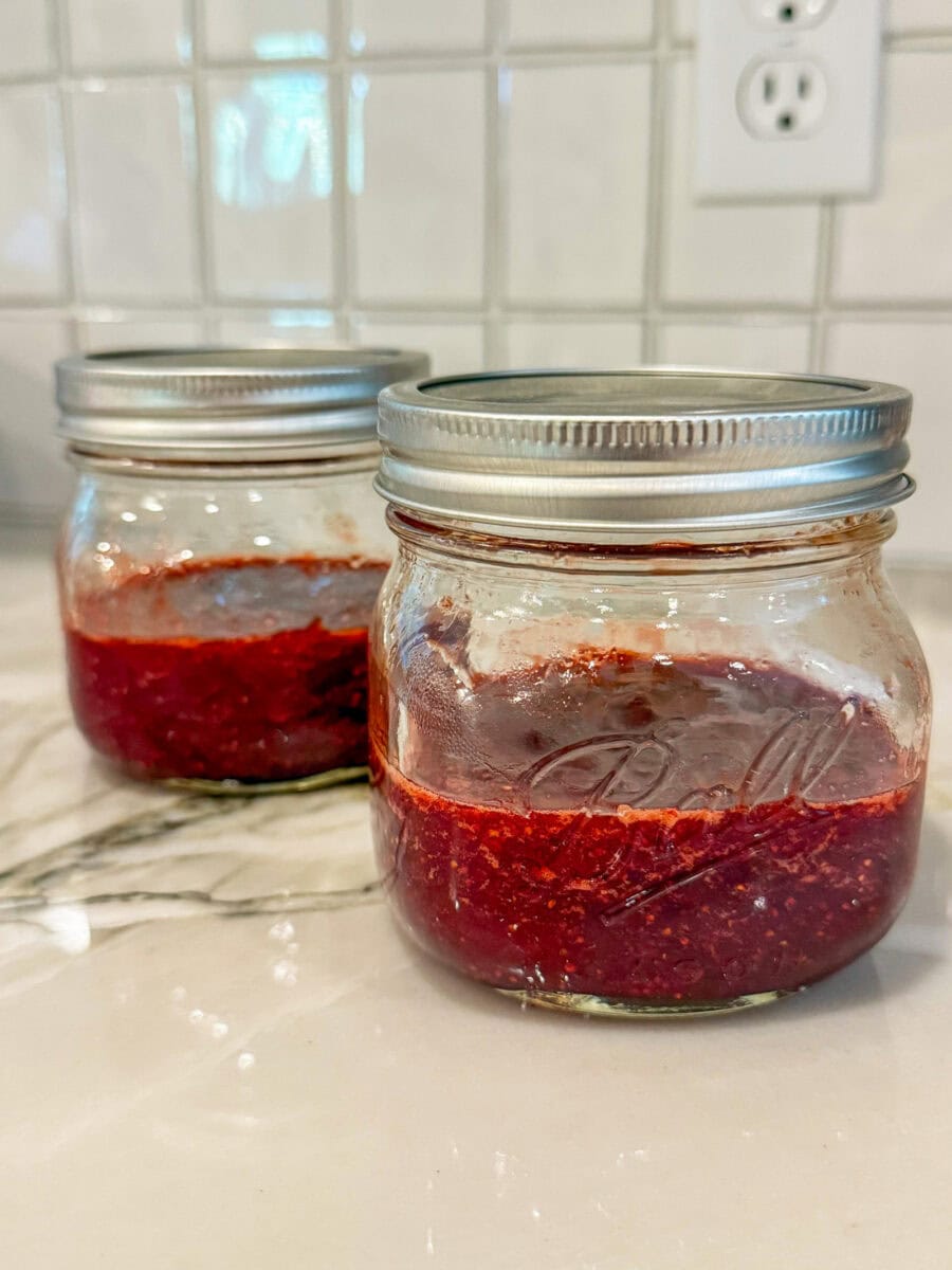 Homemade Strawberry Jam (No Pectin) in glass mason jars