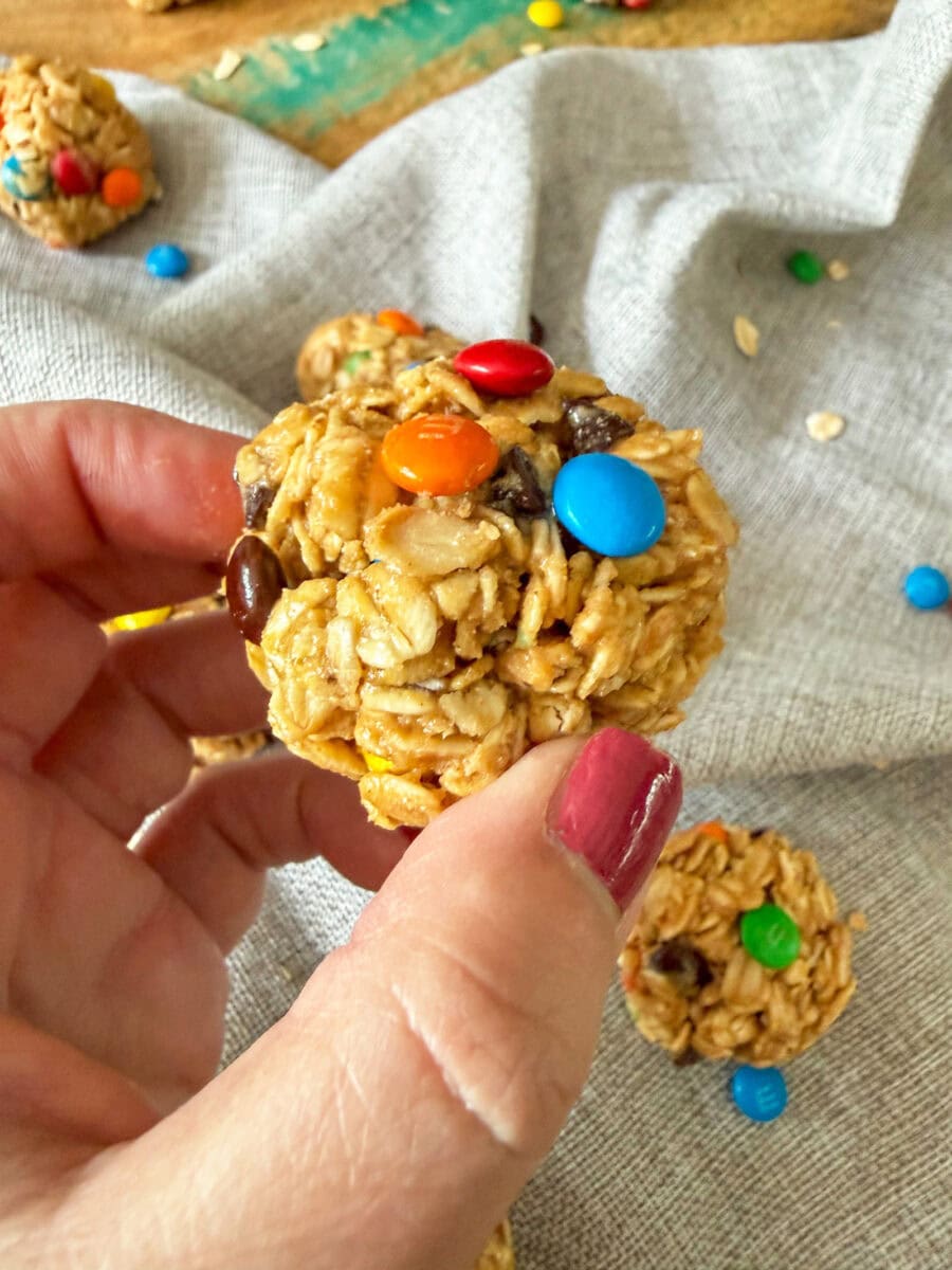 close up of hand holding a Monster Cookie Protein Ball