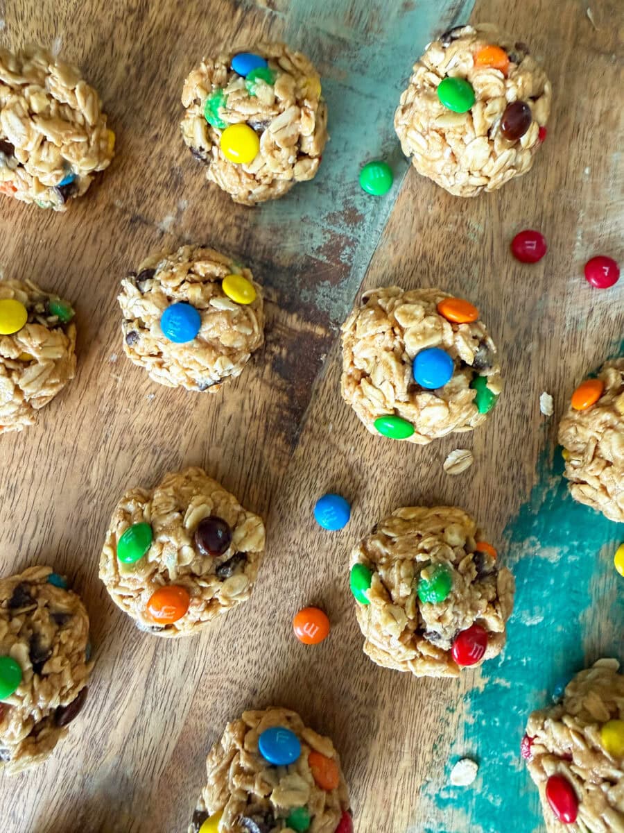 Monster Cookie Protein Balls on wood table