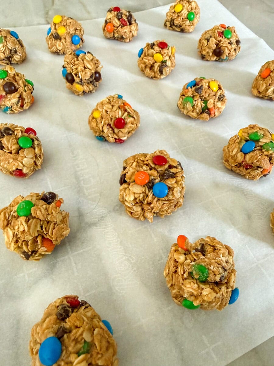 Monster Cookie Protein Balls on parchment paper